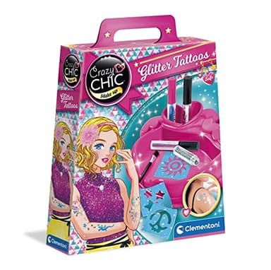 Clementoni Crazy Chic - Glitter Tattoo, Gioco Creativo Bambini 6+ Anni, Kit per Creare Tatuaggi Temporanei Glitterati, Stencil Adesivi e Accessori per Decorazioni per Il Corpo, 18513