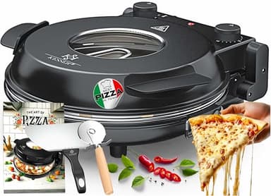 KESSER® Forno elettrico per pizza fino a 400 gradi, 1200 W, con piastra in pietra refrattaria e timer, diametro 32 cm, 5 livelli di calore e finestra di visualizzazione, con tagliapizza e ricettario