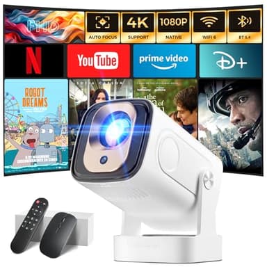 Proiettore 2025 [Auto Focus & 1080P Nativo & Apps integrate] Mini Proiettore 4K Auto Correction WiFi 6 Bluetooth 5.4 Videoproiettore Portatile Compatibile con HDMI/TV Stick/Memory Stick/Laptop, Nero