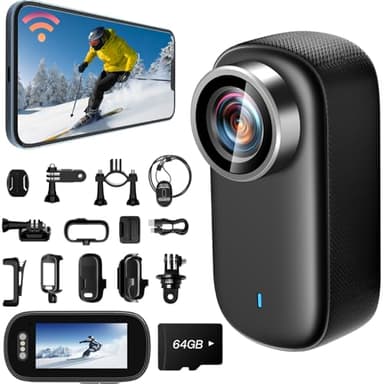 SecuraLen Mini Action Cam 4K UHD WiFi con Schermo 64GB, 150° Grandangolo & IP65 Impermeabile Telecamera Esterno, Anti-Vibrazione Portatile Dash Cam Moto – Ideale per Sport e Attività All'aperto