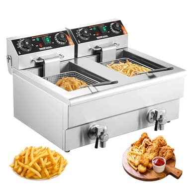 VEVOR Friggitrice Elettrica 11L Vasca Doppia Rimovibile 3000W in Acciaio Inossidabile Commerciale, Friggitrice a Olio Elettrica Temperatura Controllata 50°C - 200°C per Cucina Hotel Festa Carnevale