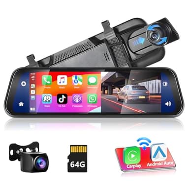 Podofo Specchietto Retrovisore Dash Cam 9.66" IPS Touch Screen Con Wireless Carplay, Android Auto, Dual 1080P Dashcam, 2 Schermi Divisi