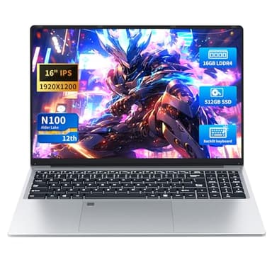 PC Portatile 16 Pollici, Notebook Celeron N100 CPU, Notebook 16GB RAM 512GB SSD, Laptop Sblocco 1920 * 1080 IPS Full HD Schermo, Tastiera Retroilluminata, 6000mAh Battery, BT5.0+Mini HDMI