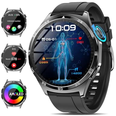 2025 Smartwatch Uomo con ECG/𝐆li𝐜𝐞𝐦𝐢𝐚/HRV/Lipidi/Acido Urico/BMI/Sonno,1.43"AMOLED Orologio Fitness con Chiamate,24h Cardiofrequenzimetro/Pressione Sanguigna/Temperatura Corporea (Moderno, Nero)