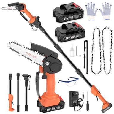 Motosega a Batteria con Asta, Sega Elettrica Telescopica & Motosega 6" 2 in 1, Motosega Telescopica Elettrica a Batteria Per Potatura Alberi Girdini Rami Vigneti Arbusti Con Guanti Occhiali Protettivi