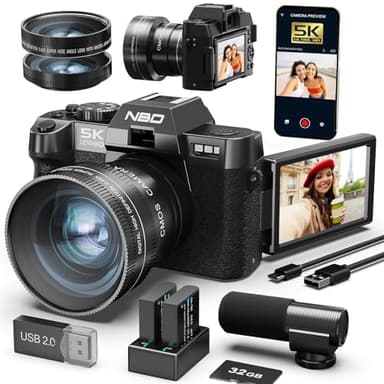 NBD Fotocamera Digitale 5K 48MP Sensore CMOS 1/2.3", Video 5K/30fps & 4K/60fps, Schermo IPS 3" 180°, WiFi + Lente Grandangolo/Macro + Microfono Esterno SD 32GB + 2 Batterie(Nero)