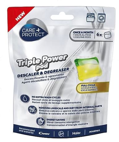 CARE + PROTECT Triple Power capsule anticalcare e sgrassanti per lavatrice/lavastoviglie, prodotto igienizzante a ciclo pieno, detergente, anticalcare, soluzione a risparmio energetico, 6 capsule