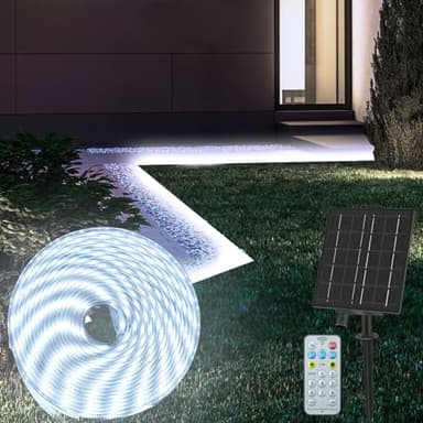 CCILAND 10M Luci a Striscia LED Solari per Esterni, Striscia Luminosa Impermeabile IP68 con 8 Modalità, Telecomando, Flessibile, Manica Striscia per Giardino, Veranda, Patio, Gazebo - Bianco Freddo