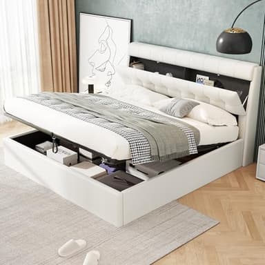 Wyibwy Letto imbottito 140x190 cm,letto matrimoniale con testata nascosta e vano portaoggetti, Letto contenitore idraulico, con rete a doghe e testata,PU, per adulti e ragazzi,Bianco