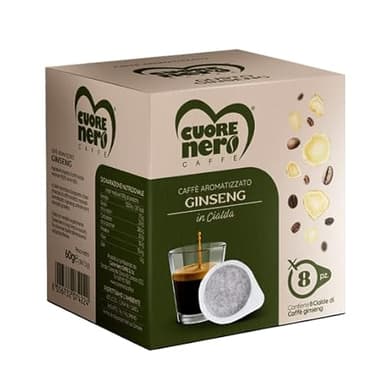 Cuore Nero Caffè – GINSENG, 8 Caffe Cialde ESE Filtro Carta 44MM, Caffè Cialde Aromatizzato Al Gusto Ginseng, Cialde Caffe Da 7,5G,