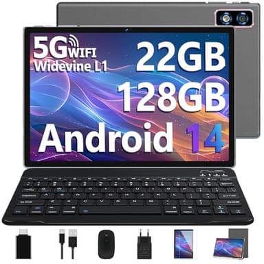 2025 Newest Tablet 10 Pollici Android 14 OS 22GB RAM+128GB ROM(TF 1TB), Octa Core 2.0Ghz /5G+2.4G WiFi/GMS/8000mAh/Bluetooth 5.0/Widevine L1/8MP+5MP/GPS/Tablet 2 in 1 con Tastiera e Mouse - Grigio