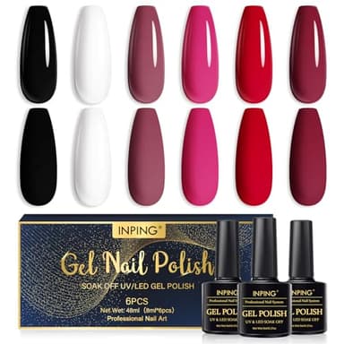 INPING Kit Semipermanente per Unghie, 6 Colori, Nero Bianco Nude Smalto Soak Off UV/LED Lampada DIY Manicure Nail Art Set, 8ml