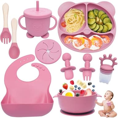 Dazhtu 10 Pezzi Set Pappa Svezzamento, Svezzamento Set Silicone Piatto con Ventosa Ciotola Cucchiaio Forchetta Tazza Bavaglino, Training Esercitarsi A Mangiare Da Soli, Set Pappa Svezzamento(Rosa)