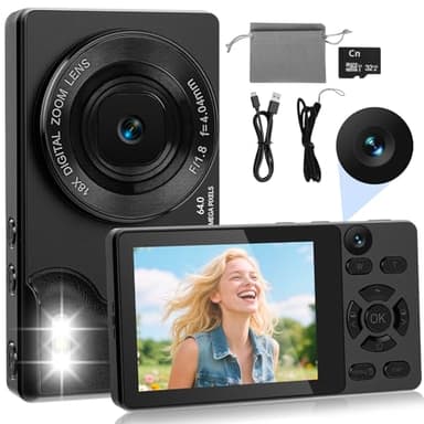 HERBYD Fotocamera Digitale 4K 64MP con Doppia Fotocamera Frontale e Posteriore, Fotocamera Compatta per Vlogging, Schermo LCD 2,8 Pollici, Zoom Digitale 18X, 32GB SD Card per Bambini, Adolescenti