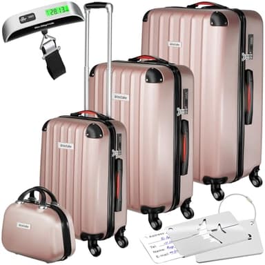 tectake® Set di valigie rigide Cleo, 4 pezzi, Trolley M, L e XL, Beauty Case Impilabile, Rotelle Girevoli a 360°, Maniglia Telescopica Regolabile, Bilancia, Combinazione a 3 Cifre - Rosa Dorato