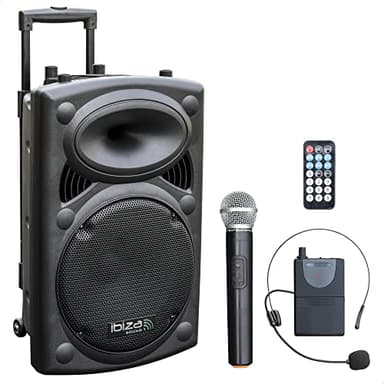 Ibiza - PORT12VHF-BT - Diffusore portatile 12"/700W MAX con 2 microfoni (VHF), telecomando e custodia protettiva - Bluetooth, USB, SD - Autonomia da 5 a 7h - Speaker Box