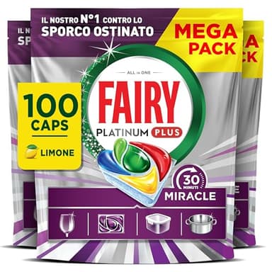 Fairy 30 Minuti Miracle Detersivo Pastiglie Lavastoviglie, 100 Capsule, Limone, Il Nostro N.1 Contro Lo Sporco Ostinato, Potente Anche Nei Cicli Brevi, MEGA Pack