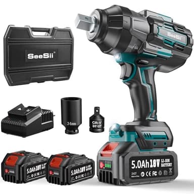 Seesii Avvitatore a Impulsi 1600Nm, 3/4'' Avvitatori a Massa Battente Brushless 10000mAh, Senza Spazzole con 2 Batterie, Trasmissione a 3 Marce, Adattatore per Bit da 3/4'' a 1/2'', 34 mm Presa