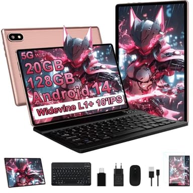 Tablet 10 Pollici Android 14 con 20GB RAM + 128GB ROM (TF/1TB), 5G WiFi 6, Octa-Core, GMS, Bluetooth 5.0, 5MP + 8MP, 1280 * 800 FHD, Widevine L1, 2025 Newest Tablet 2 in 1 con Tastiera e Mouse - Rosa
