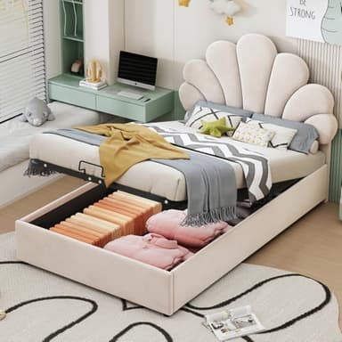 Wyibwy Letto imbottito 90 x 200 cm per ragazzi,letto contenitore idraulico,letto singolo con testata fiorita e struttura a doghe e Testata regolabile, tessuto di velluto, Beige