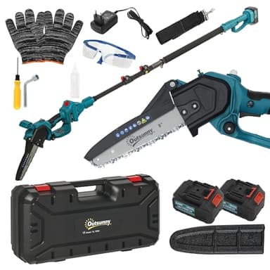 Outsunny Mini Motosega a Batterie 2 in 1 con Palo Telescopico, Motosega Senza Fili con Motore Brushless, 2 Batterie e Blocco di Sicurezza, Guanti e Occhiali di Protezione Inclusi, Blu