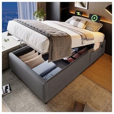 Wyibwy Letto imbottito, letto singolo 90×190 cm, letto contenitore, struttura letto con USB-C e rete a doghe a superficie intera, senza testata, cotone, grigio