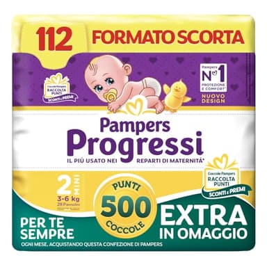 Pampers Progressi Mini, Taglia 2 (3-6 kg), Formato Scorta, Indicatore di Bagnato, Pelli Delicate, Linguette Rinforzate, Anti-Fuoriuscite, 112 Pannolini Neonato + 500 Punti Omaggio