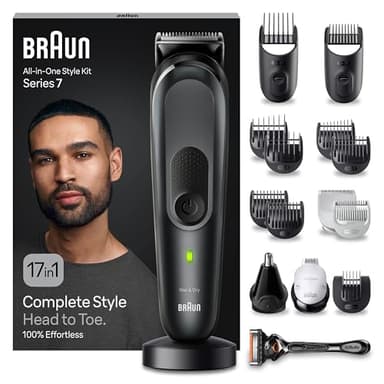 Braun REGOLABARBA UOMO, Tagliacapelli Uomo, Rasoio Elettrico Barba e Capelli, 17-in-1 Styling Kit per Barba, Capelli, Corpo, Naso e Orecchie, 100 Minuti Di Utilizzo, Idea Regalo, MGK7491 Nero