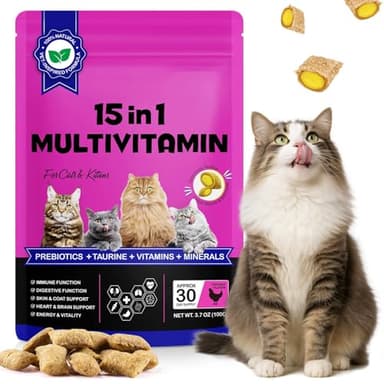 15-In-1 Integratori Multivitaminici Masticano Per Gatti E Gattini - Snack Naturali E Sani Per Trattare, Taurina Per Immunità, Digestivo, Articolazione, Cuore, Pelle E Mantello (Pollo Per 30 Giorni)