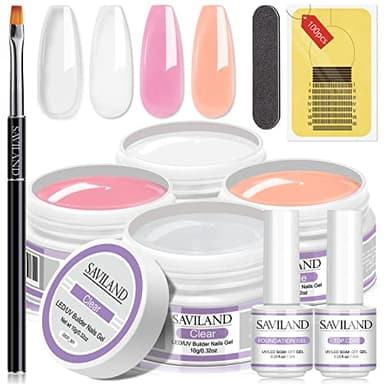 Saviland kit gel ricostruzione unghie: 4 colori 40g gel unghie ricostruzione rosa nudo bianco trasparente con Base e Top Coat Semipermanente Smalto e 100pcs Forme per unghie