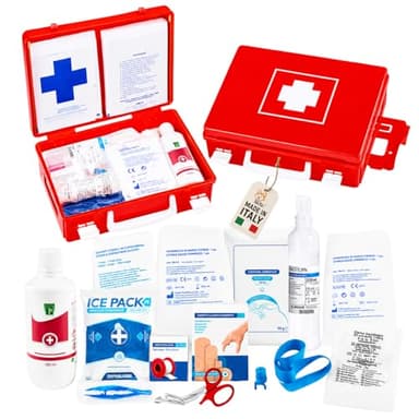 Akitaink Cassetta medica pronto soccorso con ALLEGATO 2 per aziende meno 3 dipendenti completa di staffa a muro, Conforme DM388/DL81, Made in Italy