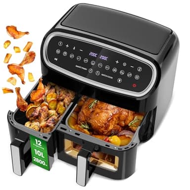 Friggitrice ad Aria Doppio Cestello, 10L XXL Capacità, Funzione 12 in 1, 50-200°C, 2800W Dual Basket Air Fryer con Finestra, Touchscreen, Cottura sana, veloce e versatile - Cooki G10 Pro