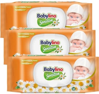 Salviette Neonato Babylino Sensitive con delicata profumazione alla Camomilla, formula 98% Naturale che ripristina il PH della pelle, 3 Confezioni con chiusura salva-freschezza, 162 Salviettine