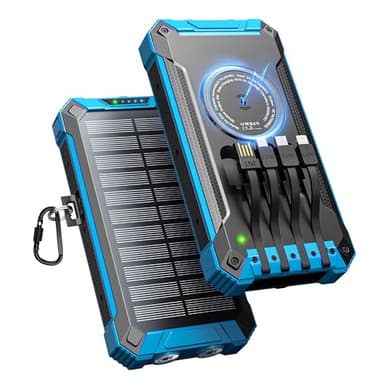 Power Bank Solare 26800mAh con 4 Cavi, Caricabatterie Solare Portatile Wireless Power Bank USB-C 15W Ricarica Rapida 6 Uscite 3 Ingressi per Telefono, Batteria Esterna con Torcia, Moschettone