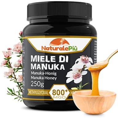 NaturalePiù Miele di Manuka 800+ MGO 250g. Dalla Nuova Zelanda. Certificato in Laboratorio. Miele Balsamico Puro. Mono floreale, Ideale per la Cura delle Ferite. Tè, Cereali e Prodotti da Forno.