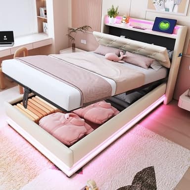 Ymkua Letto Imbottito Letto Singolo 90x200 cm, Bed contenitore con LED e USB Porta, Idraulici Bed frame per Bambini con Struttura Rete a Doghe e Testata Ribaltabile, Linen, Senza Materasso (Beige)