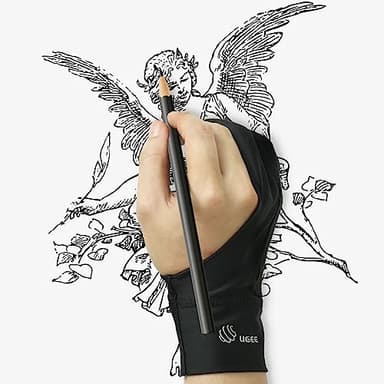 Ugee Guanti da artista da disegno, migliorati, doppi imbottiti, guanti a due dita per tablet grafici iPad liscio elasticità traspirante per penna matita schizzo pittura, taglia M