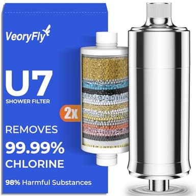 VeoryFly Filtro Acqua Doccia con 2 Cartuccia – Filtro Doccia Anticalcare, Rimuove 99% Cloro e Metalli Pesanti, Protegge Capelli e Pelle – Filtro per Doccia Universale