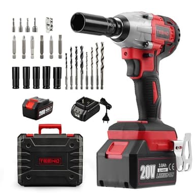 TEENO - Avvitatore a percussione, a batteria, senza spazzole, 320 Nm, con batteria da 3,0 Ah, ricarica rapida 1 ora, bulloni per ruote, confezione da 25 accessori