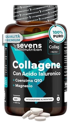 Collagene marino con Acido Ialuronico Idrolizzato Puro - Integratore con Magnesio, Q10 e Vitamine A, C, D3, B12, Zinco - 120 Capsule – Pelle, Ossa e Articolazioni – Sevens
