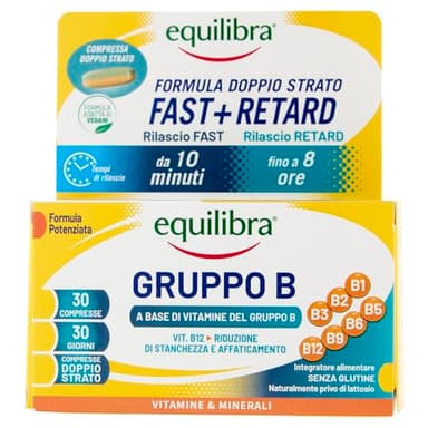 equilibra, Vitamine Gruppo B, Alto dosaggio B12 1000 mcg con Rilascio FAST e Fino a 8 Ore, Vegan, 30 Compresse Doppio Strato, Benessere Fisico-Mentale, Riduce Stanchezza e Affaticamento