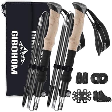 GIBOHOM Bastoncini Trekking Alluminio, 2 Pezzi Nordic Bastoni Trekking 105-125 CM Pieghevoli, Antiurto, Racchette Trekking con 4 Paia di Cuscinetto in Gomma, Borsa per Montagna Escursioni Neve, Unisex