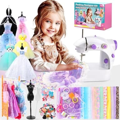 Pllieay Mini Macchina da Cucire per Principianti - Kit da 240 Pezzi per Stilista di Moda con Macchina da Cucire Portatile per Ragazze, Kit per Creare Abiti per Bambole, Giocattolo per Bambini