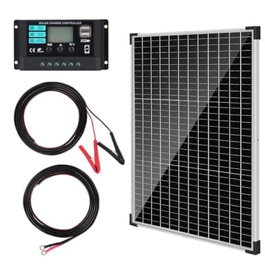 【50W 12V Pannello Solare Kit】DERUXI 50W 12V Set Pannello Solare Mono: 50W Pannello Solare, Regolatore di Carica 10A, Cavo con Morsetti a Coccodrillo, Cavo di Batteria, per Veicoli,Tetto, Barche,Camper