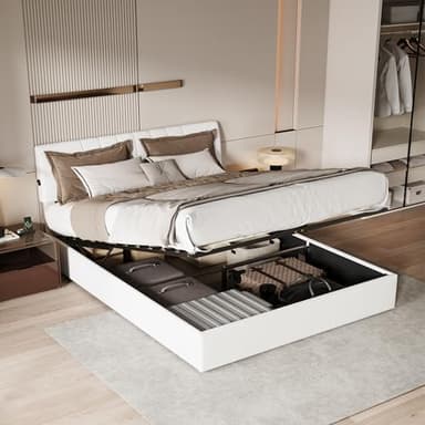 FOERPL Letto Capitonné 140x190 con Contenitore, Letto Contenitore con Porte di Ricarica USB Letto Matrimoniale Imbottito Tessuto in Teddy Velluto Telaio del Letto con Doghe, senza Materasso (H Bianco