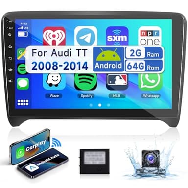 2G&64G Podofo 9'' Autoradio 2 Din per Audi TT MK2 8J 2008-2014 Wireless Carplay Android Auto,Radio 2 Din con Bluetooth Wifi GPS HIFI RDS/FM +AHD Back up Camera/Canbus