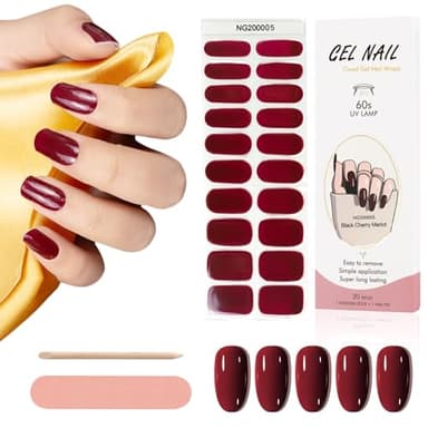 Kalolary 20 adesivi con smalto in gel per unghie, di colore rosso vinaccia, applicabili con lampada UV/LED (non inclusa), kit completo per unghie in gel indurito