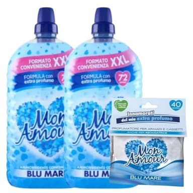 Mon Amour Ammorbidente Concentrato Blu Mare 72 Lavaggi x2 + Profuma Biancheria Omaggio – Extra Profumo, Lunga Durata, Per Lavatrice e Asciugatrice, Formato Convenienza