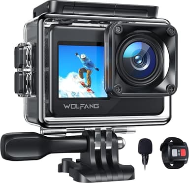 Action Camera 4K 30FPS GA120,WOLFANG Dual Color Screen Action Cam,20MP WIFI,Grandangolo 170°,Subacquea 40M Impermeabile Videocamera,Microfono Esterno, Telecomando,2 Batteries e Action Camera Accessori