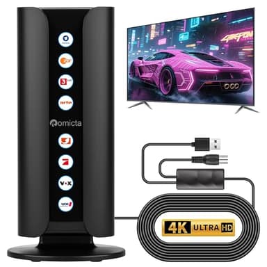 Romicta Antenna TV DVB-T2 da Interno/Esterno con Amplificatore, Antenna DVB-T & DVB-T2, DAB/DAB+, Portata Lunga 360°, per Televisori 4K 1080p, Cavo Coassiale 5 m